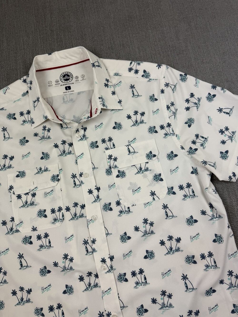 Flag & Anthem MadeFlex Hawaiian Button Front Shirt Large White Tropical Print